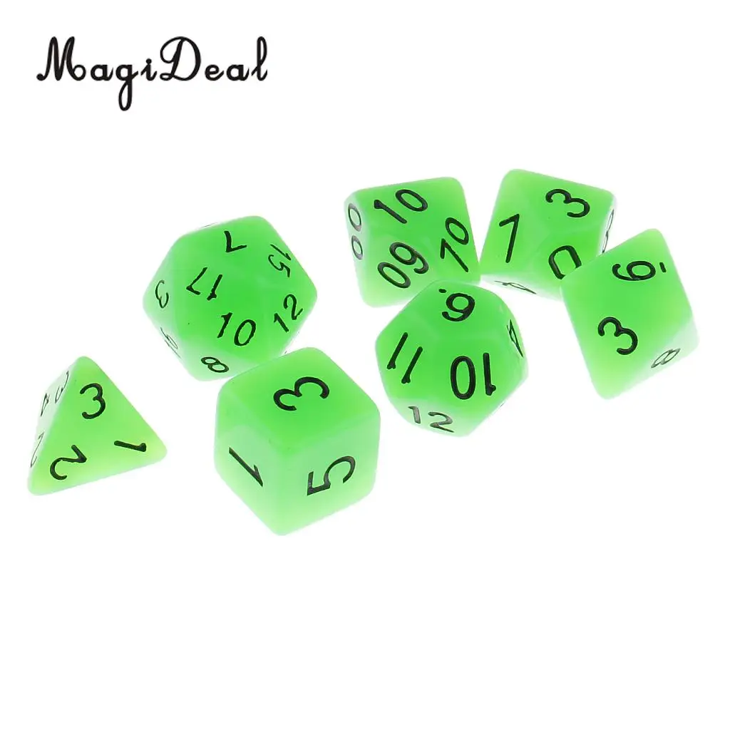 MagiDeal Top Quality 7Pcs Multi-Sided Dice Glow in the Dark for D&D MTG Party Bar Card Table Game Accessory Yellow/Green Gifts