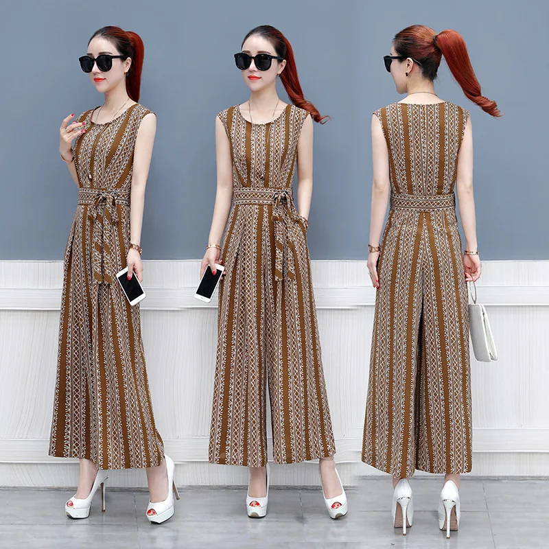 women cute crane print jumpsuit sashes pockets sleeveless pleated