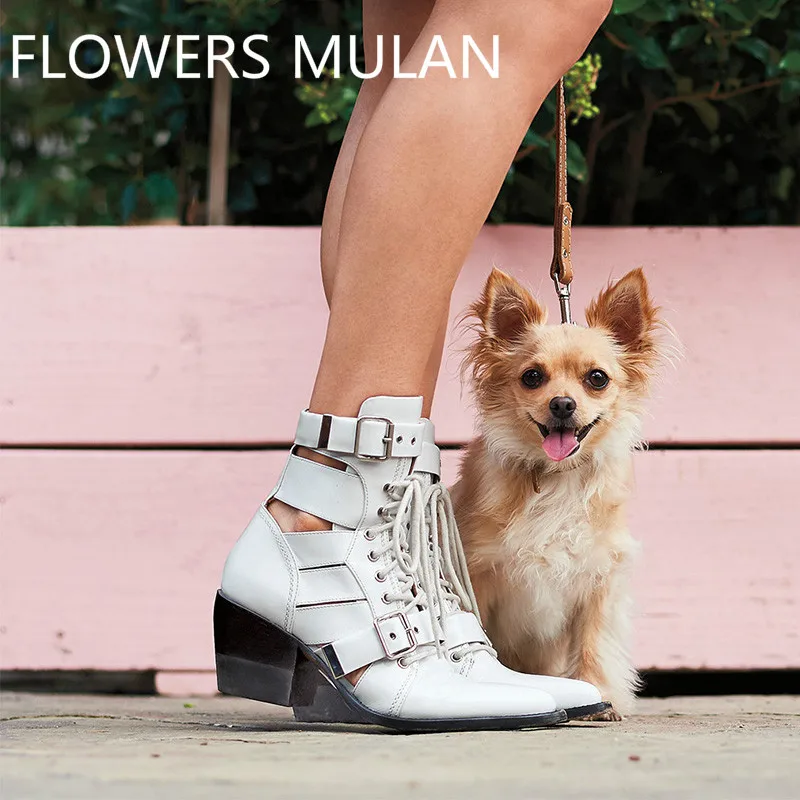 

Pointed Toe Studded Ankle Boots Women Chunky High heels Shoes Genuine Leather Summer Gladiator boots Motorcycle Boots