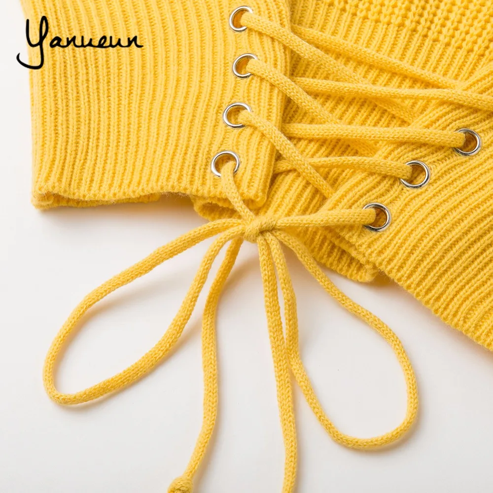 Yanueun,, модный тренд, Осень-зима, Модный женский пуловер, спереди, на шнуровке, с круглым вырезом, вязаные свитера, сексуальный Свободный джемпер