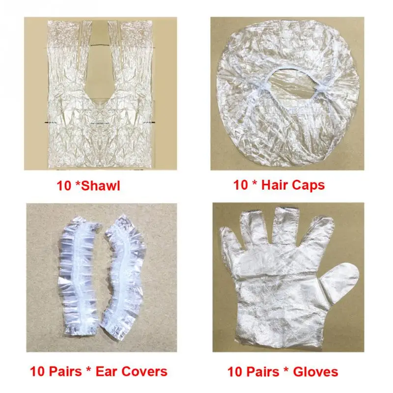

10 sets Disposable Hairdressing Earmuffs Salon Clear Apron/Hair Cap/Ear Covers/Gloves Hair Color Styling Tool~