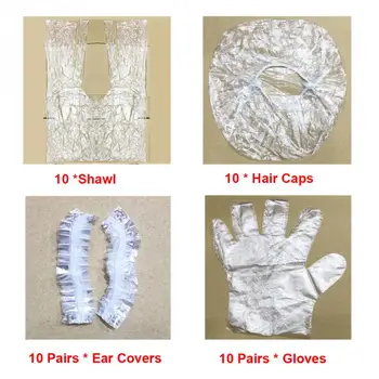 Günstig 10 Sets Einweg Friseur Ohrenschützer Salon Klar Schürze/Haar Kappe/Ohr Abdeckungen/Handschuhe Haar Farbe Styling Werkzeug ~