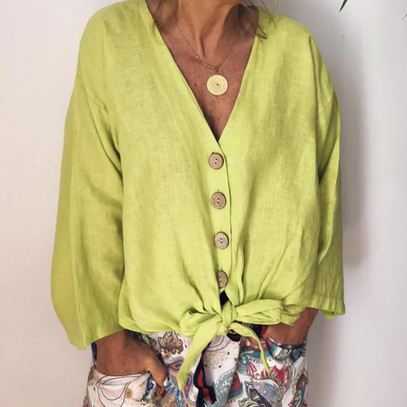 

Women's Blouse Sexy V-neck Button Down Long Sleeve Tie Knot Front Linen Women Blouses Shirt Vintage kimono Tops