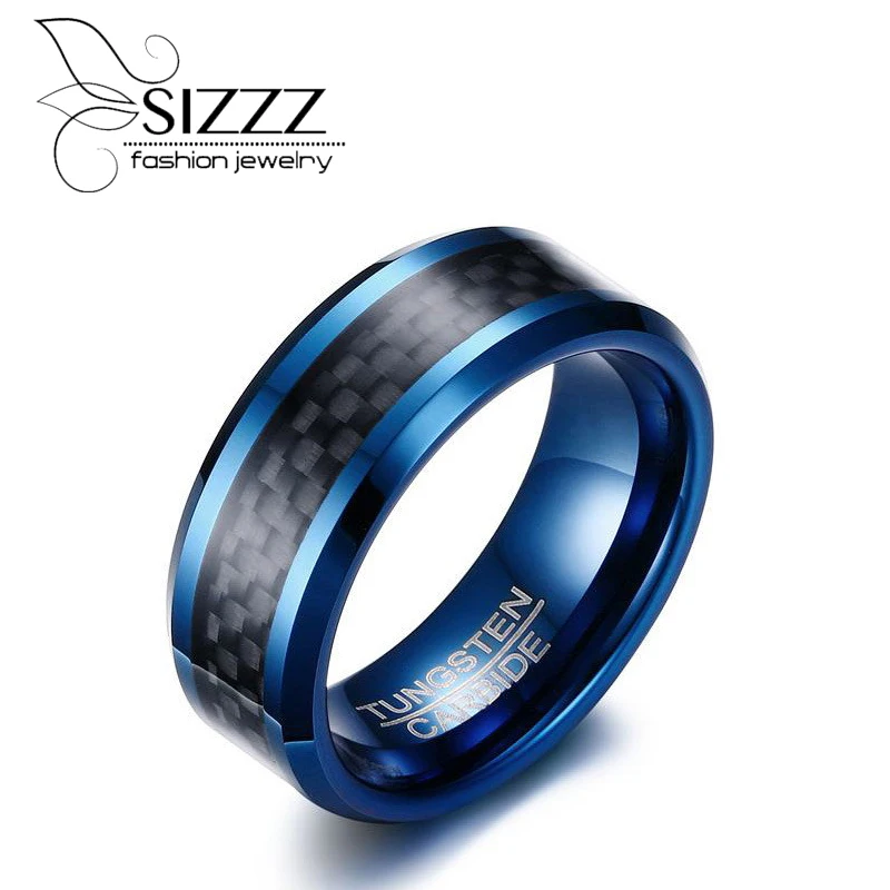 

SIZZZ Jewelry 8MM Tungsten Steel Carbon Fiber Ring Blue Men Ring