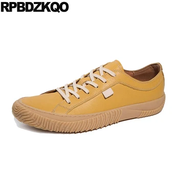 

Real Leather Sneakers Lace Up Brand Comfort Genuine Luxury 2018 Fashion Men Shoes Spring Oxfords Yellow British Style Flats