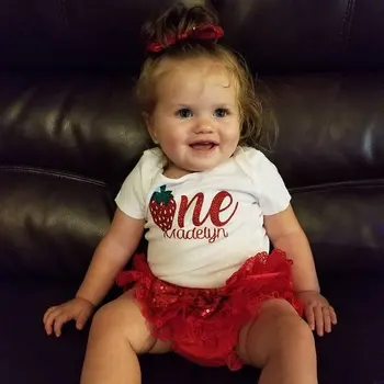 

Customize any name Strawberry birthday Newborn infant bodysuit onepiece Tutu Dress romper Outfit Sets baby shower party gifts