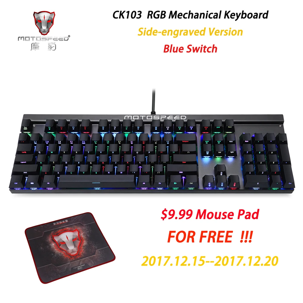 

New Side Engraved Motospeed CK103 Gaming Mechanical Keyboard 14 Modes RGB Backlight USB2.0 104 Anti-ghosting Keys Blue Switch