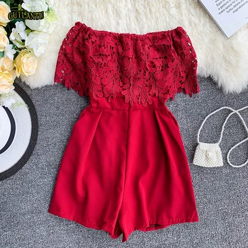 

fashion sexy Floral lace short Jumpsuit women casual off shoulder gules Black Playsuit female summer Elegant party Romper