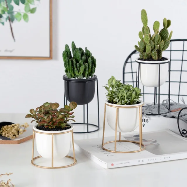 OOTDTY Nordic Classic Ceramic Flower Pot Planter And Geometric Round Iron Rack Stand Anti-rust Holder Display Home Decoration Pots et Cache-pots Cocooning.net
