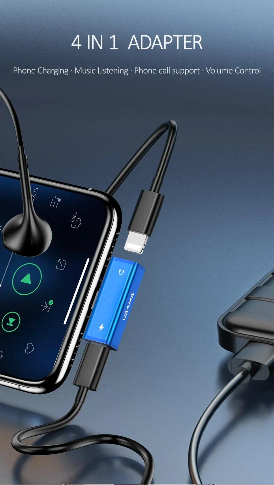 USAMS 4 в 1 двойное освещение зарядка и аудио адаптер OTG для iPhone X XR XS Зарядка телефона прослушивание телефонного звонка Регулировка громкости OTG