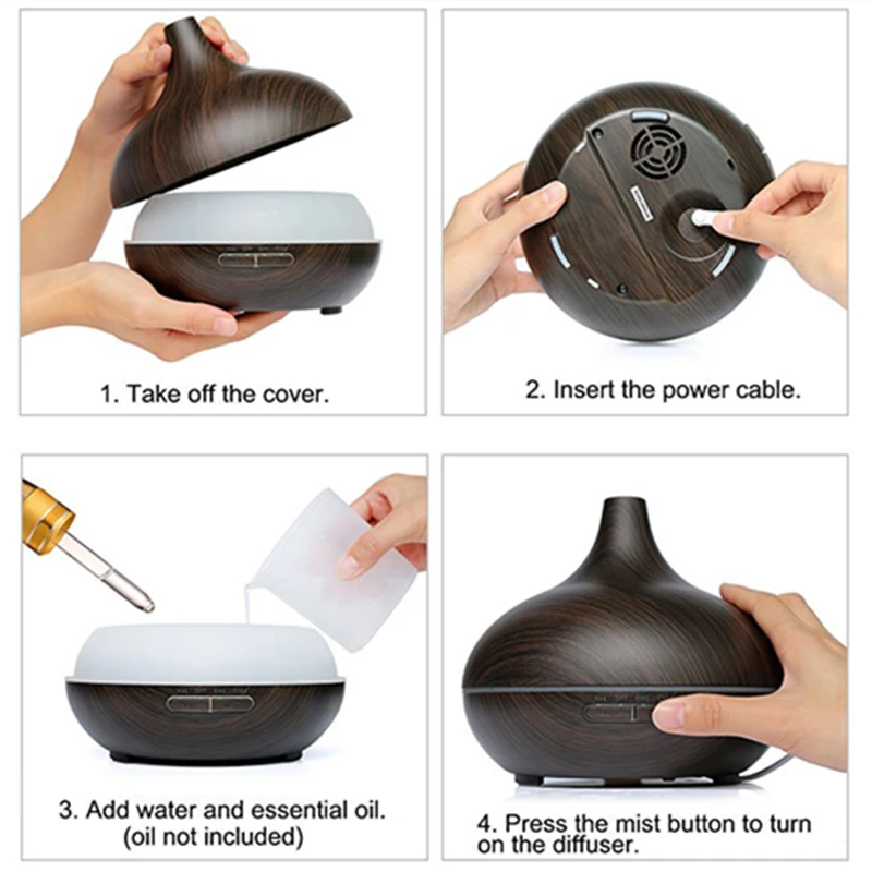Diffuserlove 300ML remote control Air Humidifier Essential Oil Diffuser Wood Grain 7 Color Changing LED Light Electric Diffuser