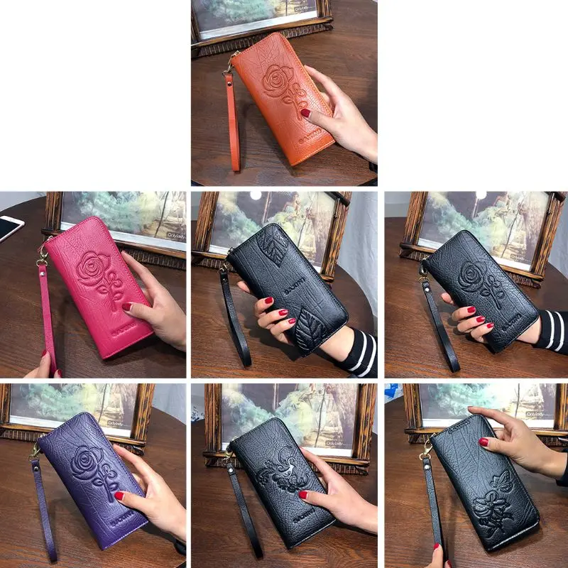 

Women Leather Clutch Long Wallet Embossing Flower Card Holder Coin Purse Handbag Zipper Bag