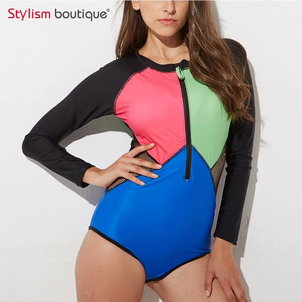 2018 شبكة سوداء خليط طفح الحرس تصفح ملابس السباحة النساء طويل كم Rashguard لباس سباحة للنساء قطعة واحدة ملابس السباحة