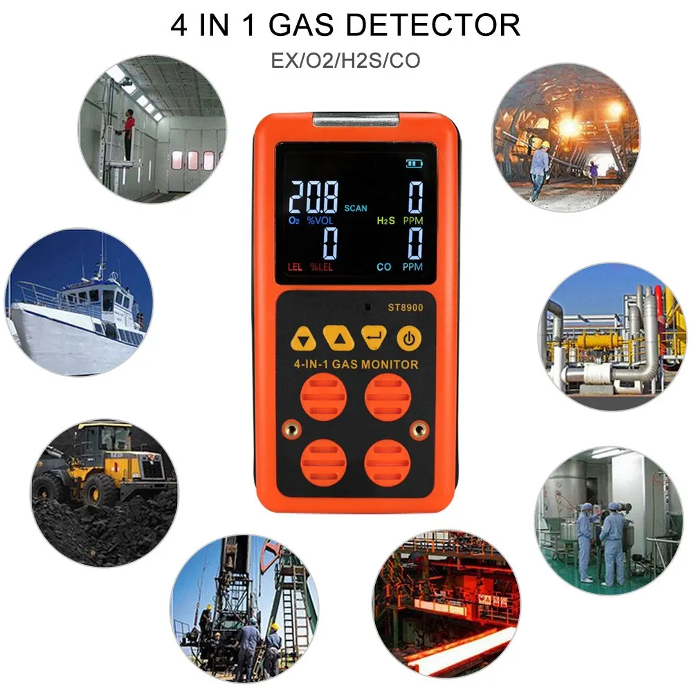 

4 in 1 Gas Detector O2 H2S CO Gas Analyzer Combustible Carbon Monoxide Oxygen Flammable Toxic Gas Harmful Gas Leak Detector