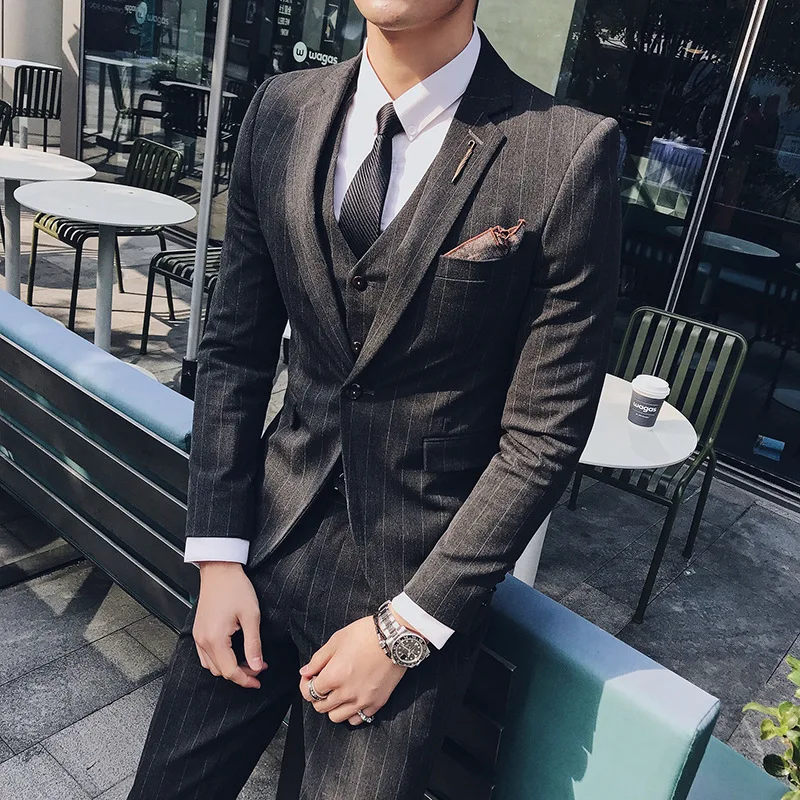 Trajes De Hombre джентльмен Тонкий полосатый костюм из трех предметов мужской профессиональный и костюм жениха