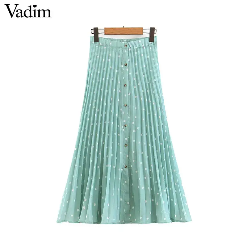 

Vadim women elegant polka dots pleated midi skirt buttons design stylish female casual A line skirt chic vestidos BA704