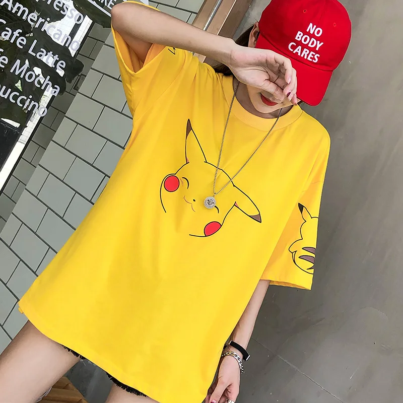 Футболка женская в стиле Kawaii Pokemon желтый топ K POP Лолита свободная рубашка