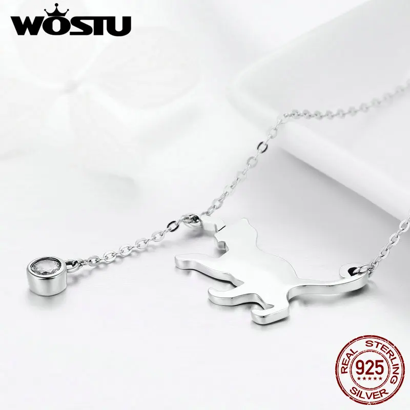 WOSTU 925 пробы Серебряная подушка для декора "игривые кошки" Pet цепи Подвеска колье для женщин роскошный бренд ювелирные изделия дропшиппинг подарок FIN232