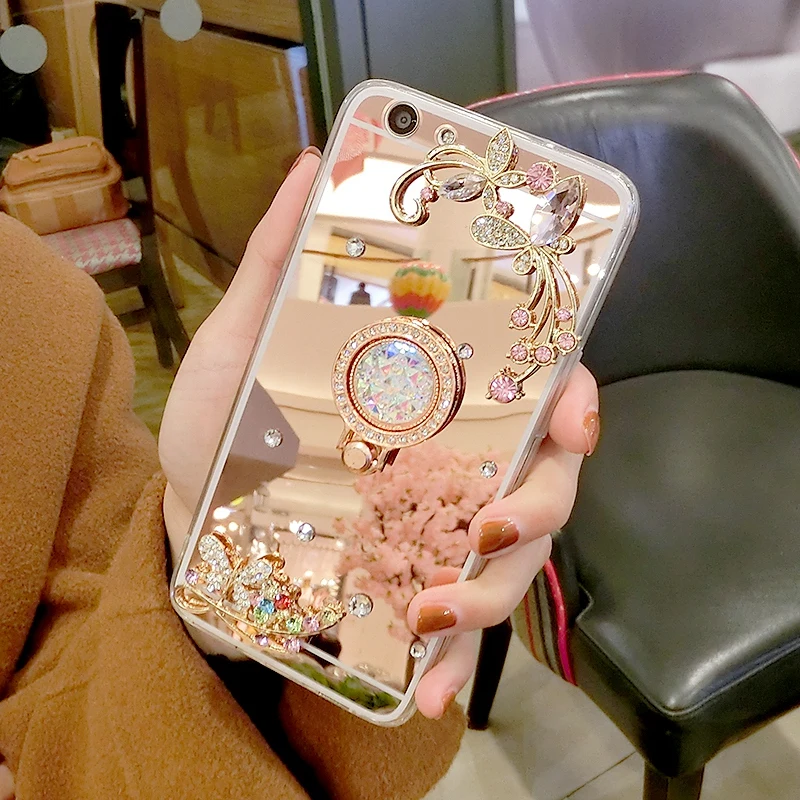 

Soft Mirror Phone Case Cover For Samsung Galaxy S9 S8 Plus S7 S6 edge plus S5 S4 S3 Rhinestone Finger Ring Butterfly Phone Skins