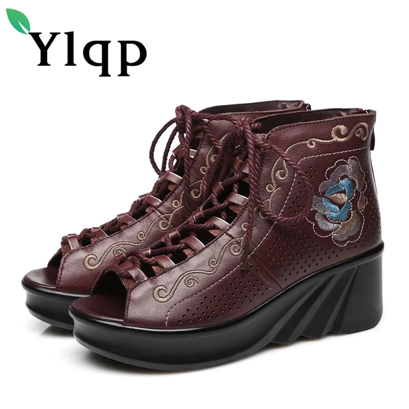 

Ylqp Beauty Ethnic Style Hollowed Out Fish Mouth Real Genuine Leather Sandals Embroidered Floral Slope Roman Women Summer Shoes