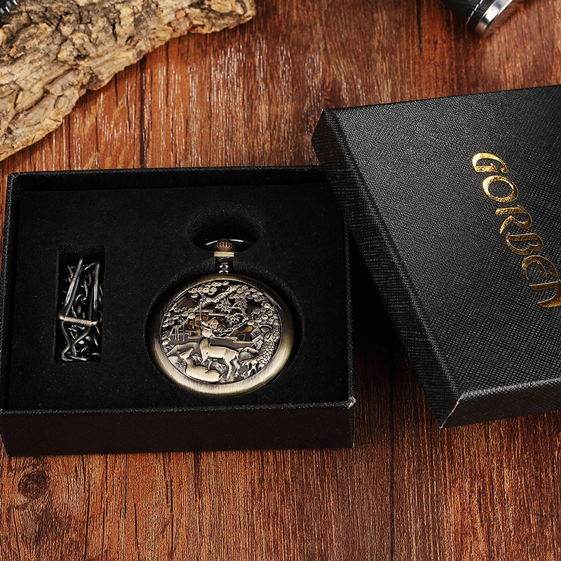 Bronze Deer Flowers Case Mechanical Pocket Watch Men Retro Big Dial Hand Wind Watch Skeleton Steampunk 5