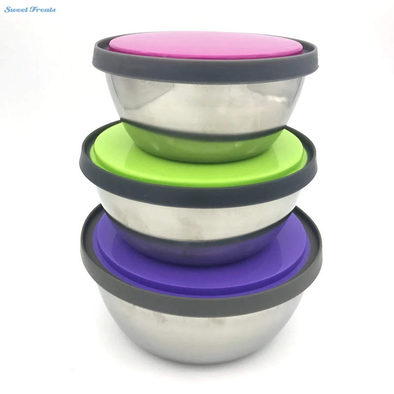 Набор из нержавеющей стали для смешивания или миски с крышками, силиконовый ярких цветов, набор из 3 чаш для мытья в посудомоечной машине