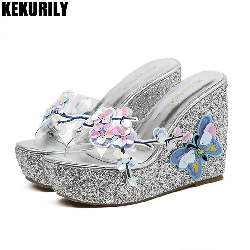 

Appliques Wedges Mules Woman flower Platform Slippers fashion Slides luxury high heel Shoes 2019 summer zapatos mujer pink silve