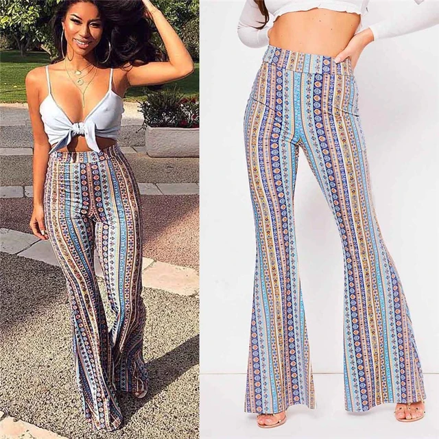 US $10.70 2020 Women Striped Printed New Boho Flare Pants High Elastic Waist Vintage Soft Stretch Ethnic Styl