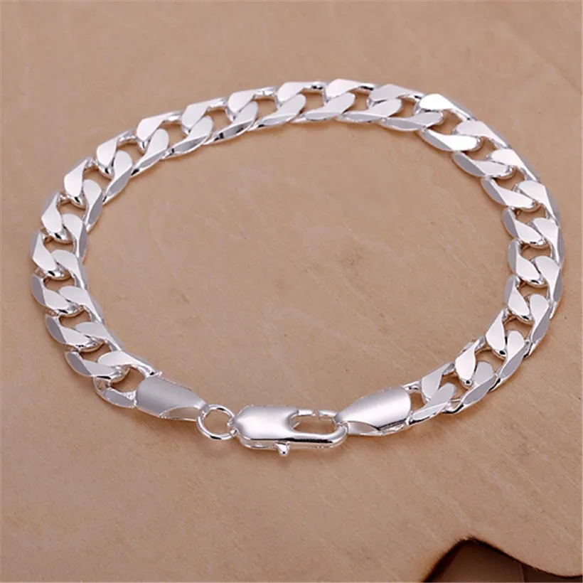 

925 Men 6MM flat silver Plated women silver bracelets wedding high quality fashion jewelry Christmas gifts Cute H245