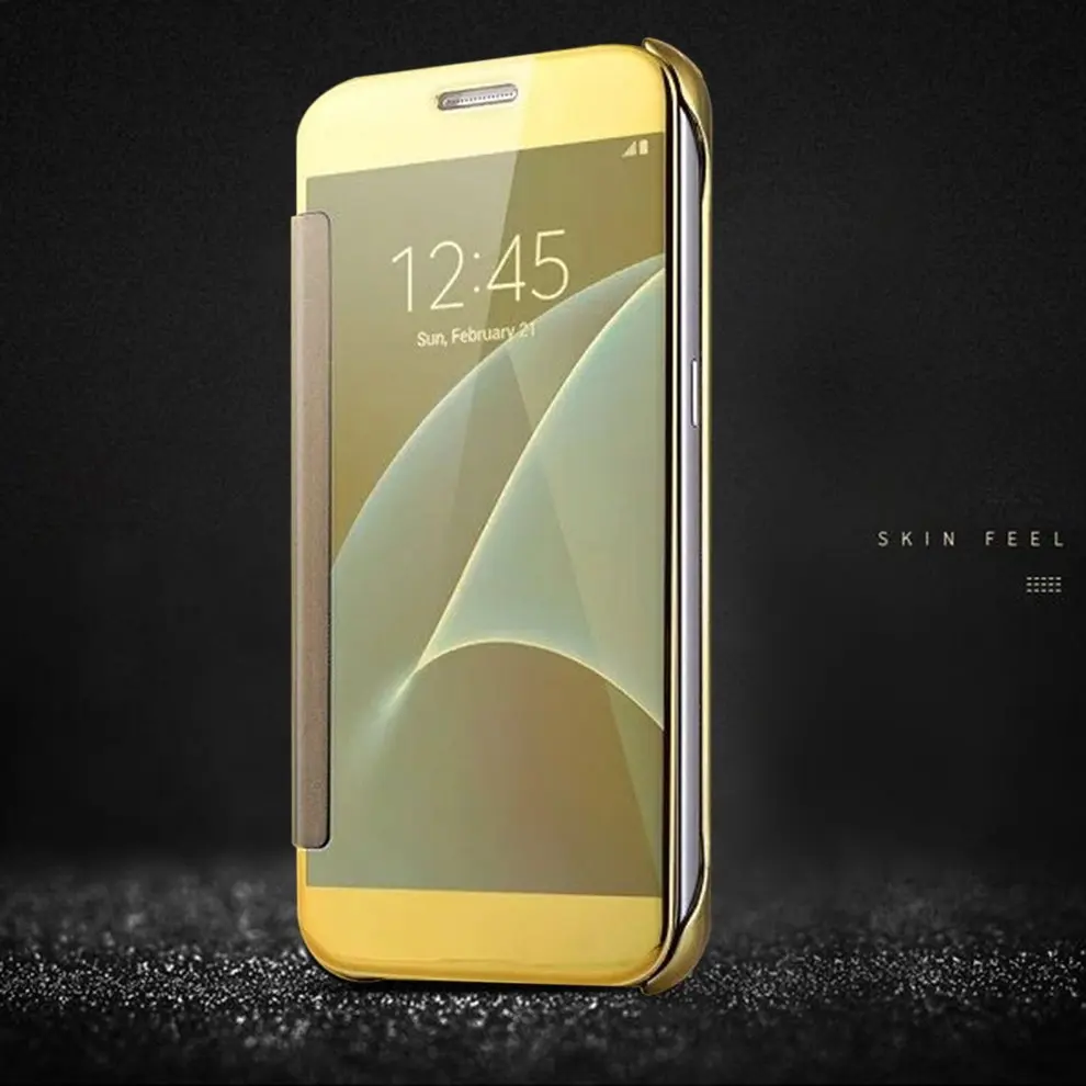 

5 Pcs Smart Mirror Surface Intelligent Auto Sleep Awake Flip Type Hard Shell Mobile Phone Case Gold Color Protective Cover
