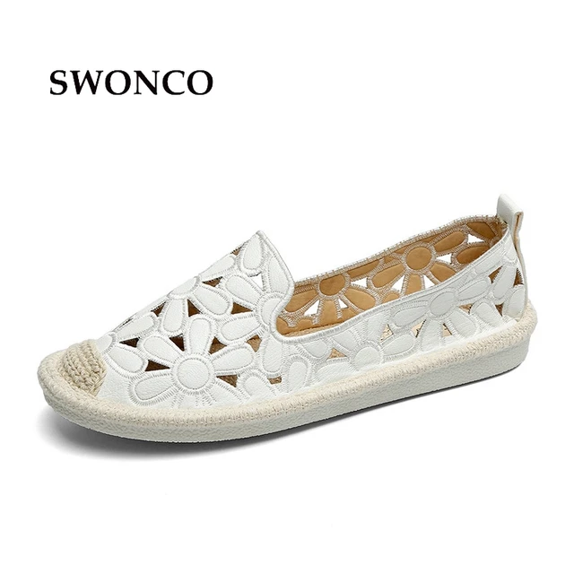 SWONCO Women's Flats Shoe Embroidery Fisherman Female Shoe 2018 Spring Summer Women Shoes Slip On Loafers Hollow Out Shoes