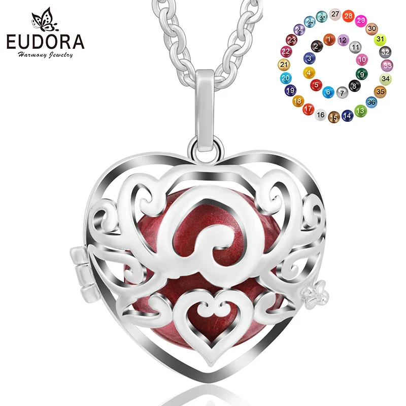 

Eudora Silver Plated 20 mm Heart Mexican Bola Necklace Bola Musical Pregnancy Cage Pendant with Chain Women Fine Jewelry K230N20
