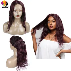 Бразильский объемная волна Синтетические волосы на кружеве человеческих волос парики застежка для черный Для женщин бордовый