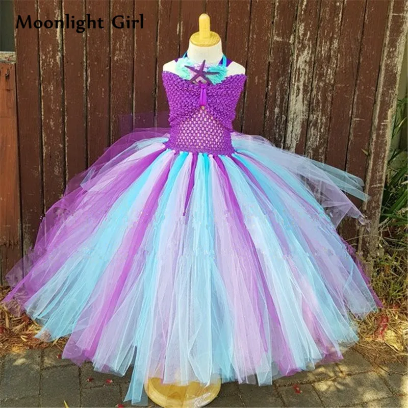 

Purple Starfish Princess Ariel Baby Girls Mermaid Tutu Dress Headband Birthday Party Dress Kids Halloween Cosplay Costumes PQ189