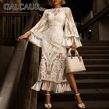 

GALCAUR Elegant Embroidery Women Dress O Neck Flare Sleeve High Waist Tassel Patchwork Split Long Dresses Female Fashion 2020