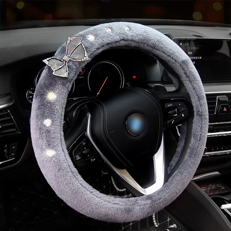 

Diamond Car Steering Wheel Covers Plush Rhinestone Winter Bow Covered Steering-Wheel Interior Accessories for Women Girls