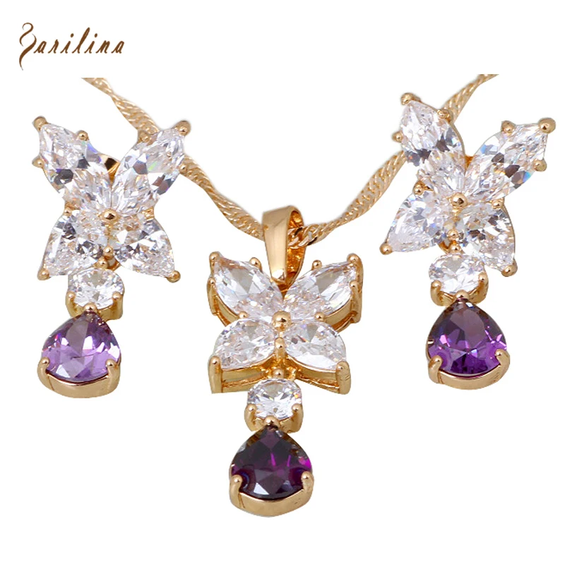 

High quality suppliers Luxury Sparkling Yellow Gold purple white Cubic Zirconia jewelry Sets Pendant/Earrings for women S230
