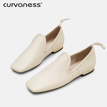 

Curvaness New 100% Genuine Leather Women Flats shoes Comfortable soft Square Toe Solid Pregnant Driving Ladies Loafers Shoes