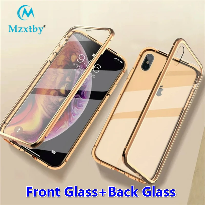 

Mzxtby Metal Magnetic Case Double Sided Tempered Glass Cases Cover for IPhone XR XS MAX X 6 6S 7 8 Plus Front+Back Glass Case