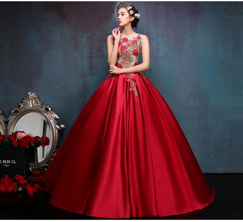 

Hot 100% Real Red Embroidery Flower Medieval Dress Renaissance Gown Queen/princess Victorian Belle Ball Gown