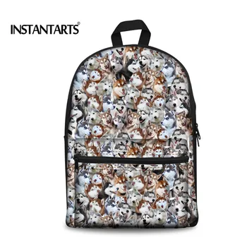 

INSTANTARTS Style Women Dog Canvas Backpack Funny Animal Husky Printed Puzzle School Bags for Teens Girls Travel Kids Rucksack