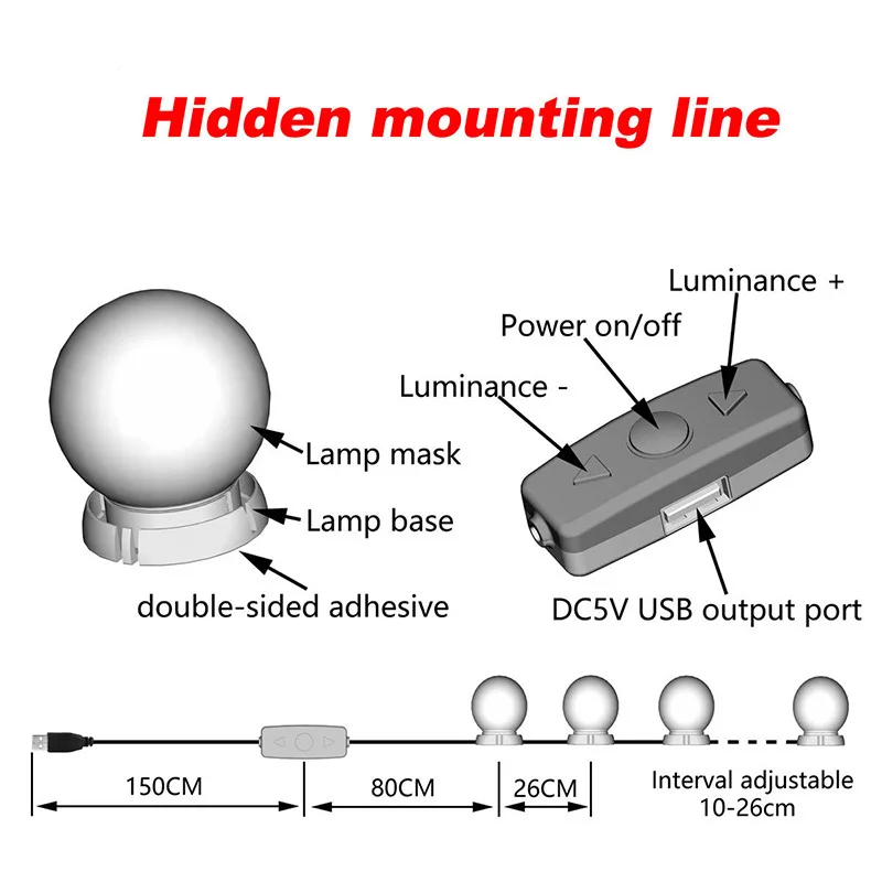  LED Makeup Mirror light String USB LED Vanity light Bulbs Touch Switch Dimmable Comestic For Dressi