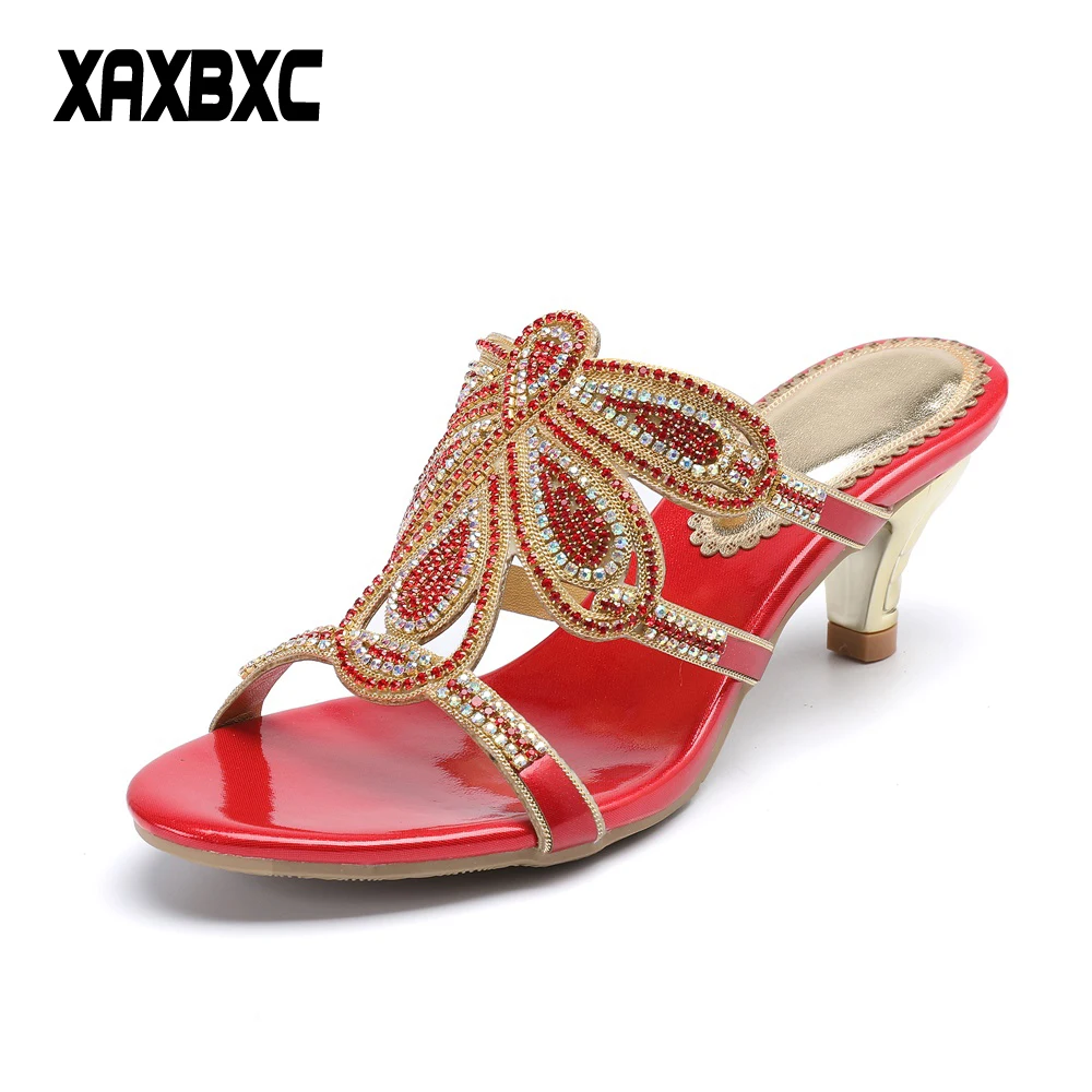 

XAXBXC 2018 New Summer Leather Rhinestone Slippers Gladiator Sandals Crystal High Heels Women Bridesmaid Sandalias Wedding Shoes