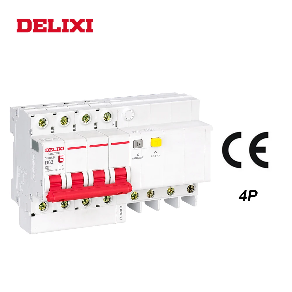 DELIXI CDB6iLE 4P 400 В 10A 16A 32A 63A остаточный ток мини-автоматический выключатель от перегрузки защита от короткого протекания C тип кривой RCBO