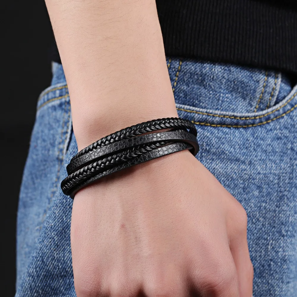 FATE LOVE Brand Men wrap bracelet bangles personalized man male boy black leather cowhide stainless steel metal Fashion Jewelry