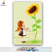 DIY цвета картины по номерам с цветами Девушка полива Подсолнух Картина Рисунок по номерам Обрамленный дом