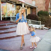 

NASHAKAITE Mother Daughter 2pcs Set Jeans Blouse+ Mesh Skirt Mom and daughter matching clothes Fashion Family matching clothes