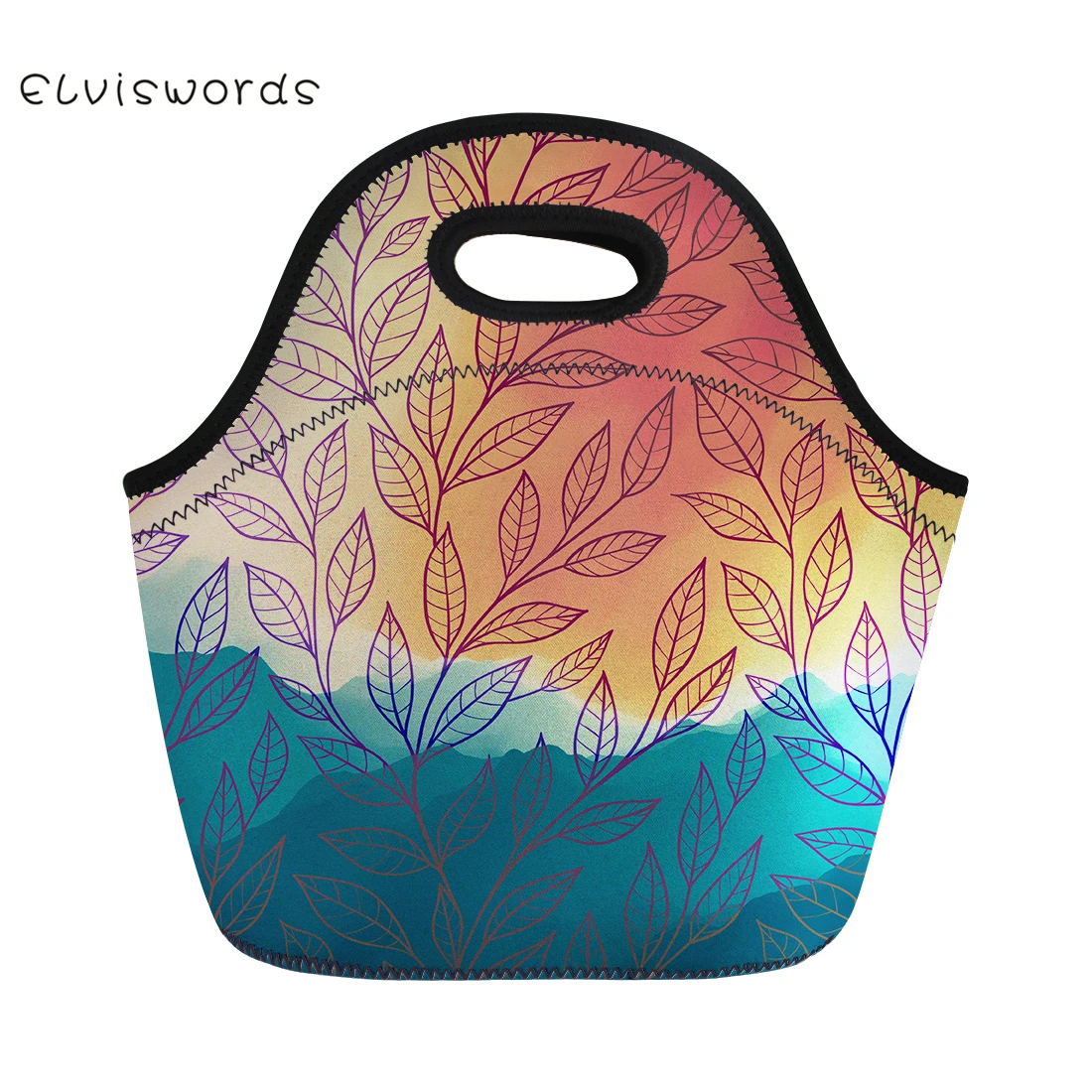 

ELVISWORDS Lunch Bag Pretty Leaves Pattern Neoprene Waterproof hand Lunch Box for Women Tote Girls Pinic Snacks Container Lovely
