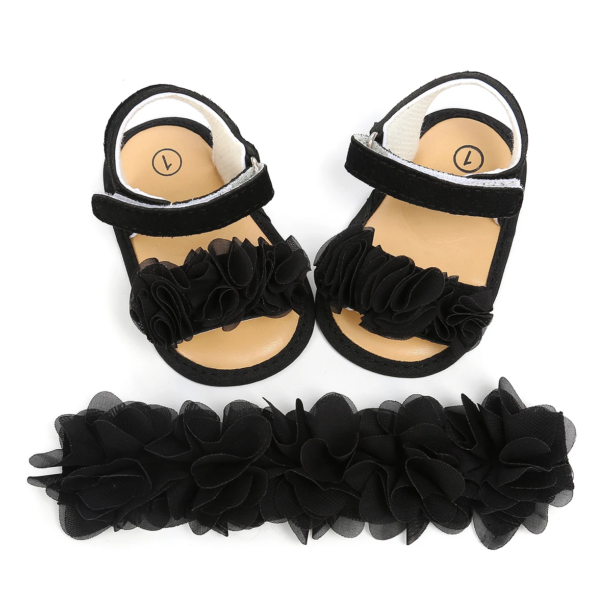 Милые сандалии принцессы с цветочным принтом для новорожденных девочек; летняя повседневная мягкая обувь для кроватки+ повязка на голову; 2 шт.; пляжные сандалии для начинающих ходить