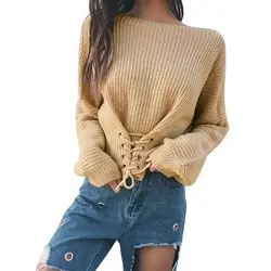 Осень-зима кружева вязаный свитер Для женщин однотонный джемпер свитера и пуловеры отрегулировать талии свитер с завязками